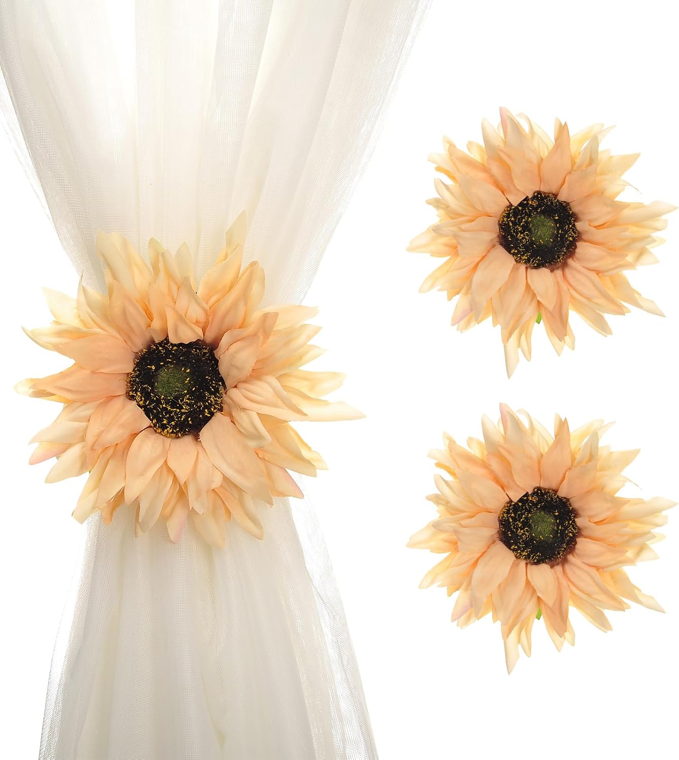 SUQ I OME 2 Pack of Rustic Big Diameter 7.08inch Artificial Sunflower Curtain Clips Curtain Tiebacks Accessory Curtain Holder Curtain Holdbacks for Home Office Decoration,Light Yellow