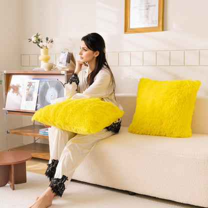 Faux Fur Yellow Throw Pillow Covers, Fluffy Soft Fuzzy Decorative Pillow Cases Cute Pillowcases for Home Bedroom Living Room, Zipper Closure, Set of 2 (Yellow, 18"x 18")