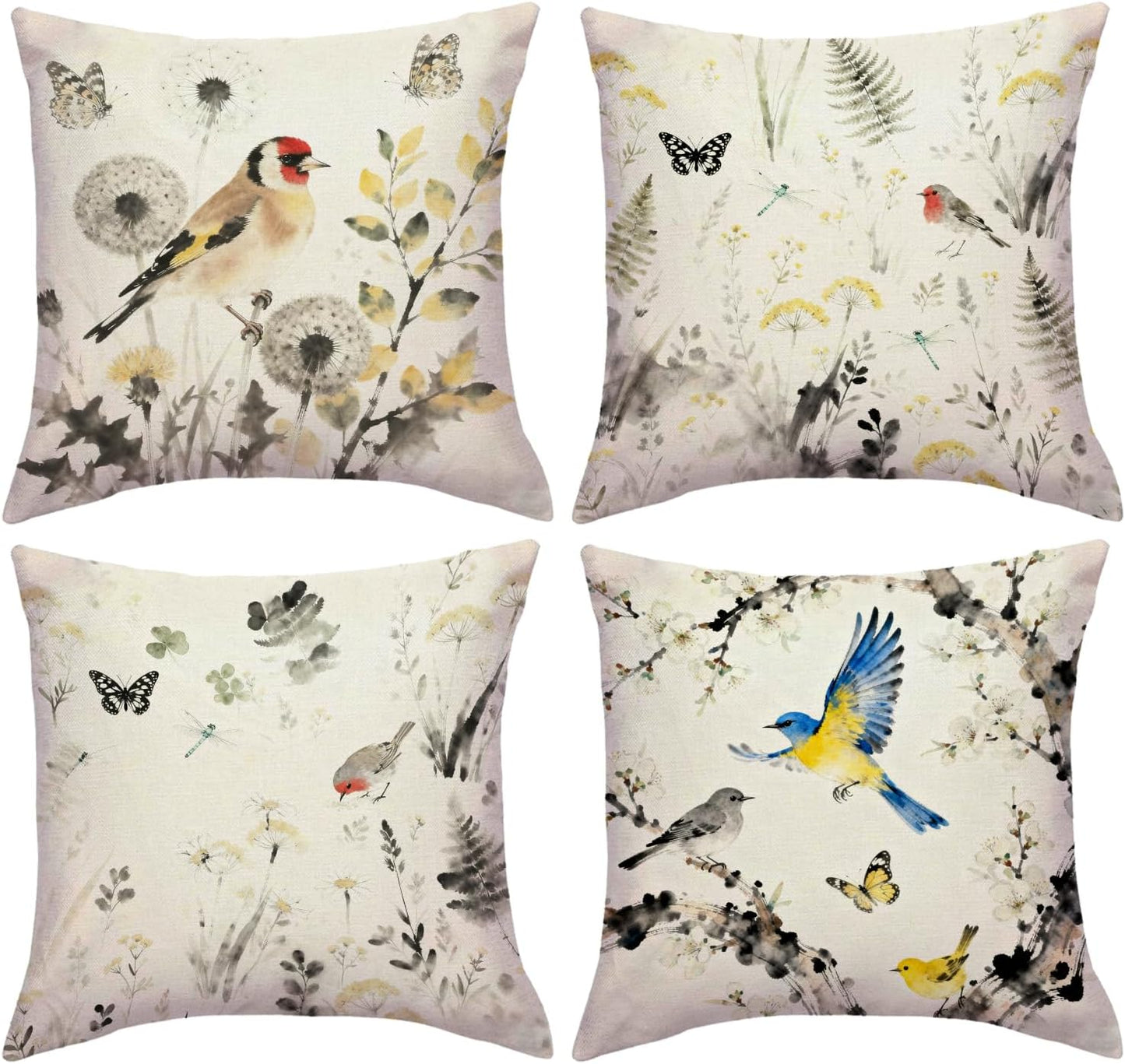 Chinese Ink Throw Pillow Covers with Birds Butterfly Wildflowers Cushion Cases Asian Garden Theme Pillowcases Botanical Wildlife Farmhouse Spring Summer Decor for Sofa Couch(Grey/Yellow)