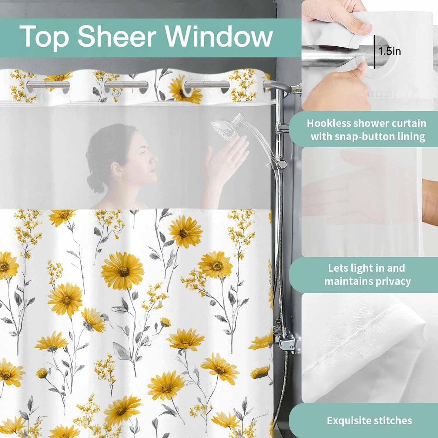 Floral Shower Curtain with No Hooks Snap in Liner Set, Yellow Flower Spring Bath Curtains See Through Sheer Top Window for Bathroom Hotel Style Decor,54"x78"