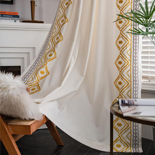 ColorBird Curtains for Living Room Ivory Light Filtering with Yellow Brown Embroidered, Boho 84 Inches Decorative Curtains & Drapes for Bedroom Dining Room