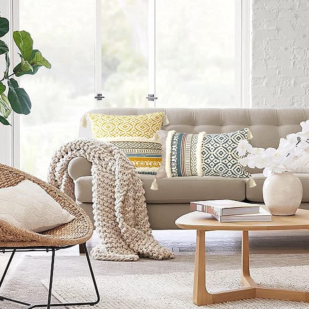 Lumber Boho Throw Pillow Cover for Couch Sofa - Cotton Hand-Woven Tufted Moroccan Decorative Pillowcase with Tassels for Farmhouse Living Room Bedroom Car Hotel - Yellow 12 x 20 Inches