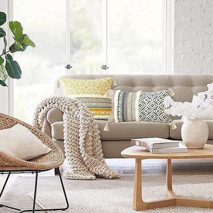 Lumber Boho Throw Pillow Cover for Couch Sofa - Cotton Hand-Woven Tufted Moroccan Decorative Pillowcase with Tassels for Farmhouse Living Room Bedroom Car Hotel - Yellow 12 x 20 Inches