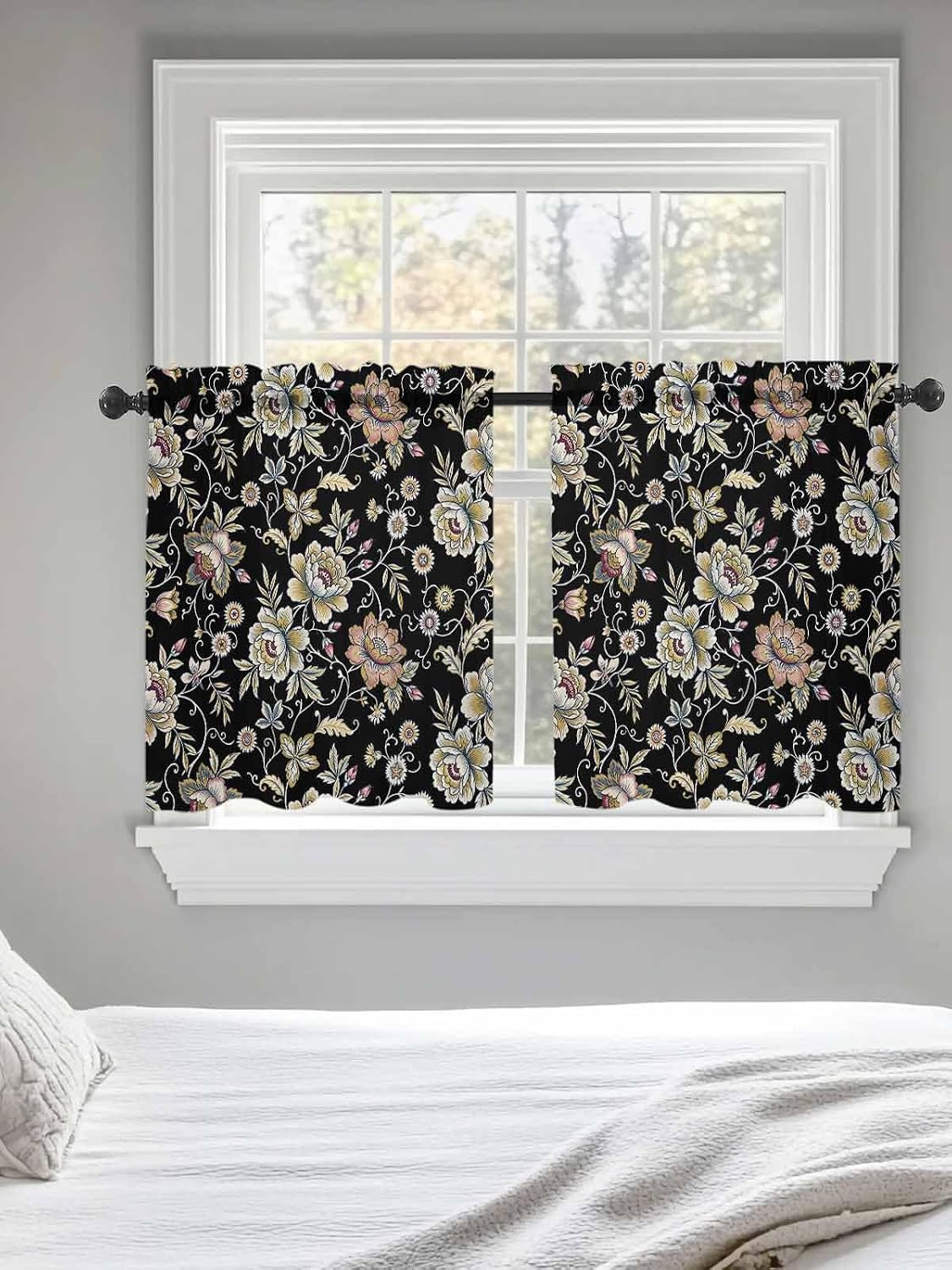 Damask Florals Sheer Curtains for Bedroom Living Room Window Tier Curtains 24 Inch Length,Garden Yellow Flowers Daisy Leaf Rustic Black Kitchen Curtains Small Half Window Drapes 27.5"x24" 2 Panels