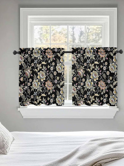 Damask Florals Sheer Curtains for Bedroom Living Room Window Tier Curtains 24 Inch Length,Garden Yellow Flowers Daisy Leaf Rustic Black Kitchen Curtains Small Half Window Drapes 27.5"x24" 2 Panels