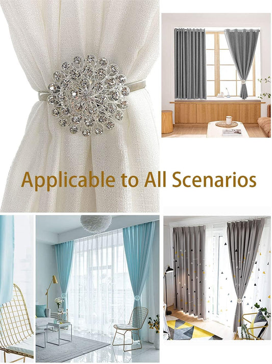 Magnetic Tiebacks for Curtains, 2 Pack Sparkling Crystal Flower Curtain Tiebacks Curtain Buckle Clips with High-Elastic Spring Wire for Home Office Decoration (Yellow & White)