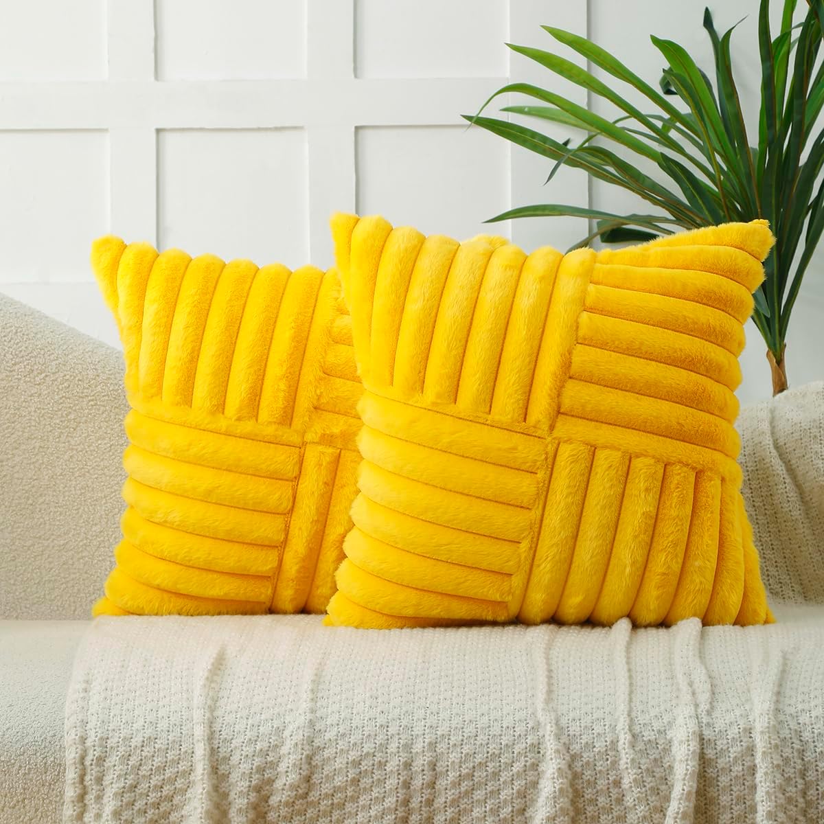All Smiles Throw Pillow Covers 18x18 Set of 2 Faux Fur Soft Fluffy Velvet Cushion Case Autumn Thanksgiving Decoration Farmhouse Home Decor for Couch Bed Sofa Living Room,Mustard Yellow