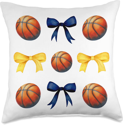 Basketballs & Bows for Girls Basketball Player Blue & Yellow Throw Pillow
