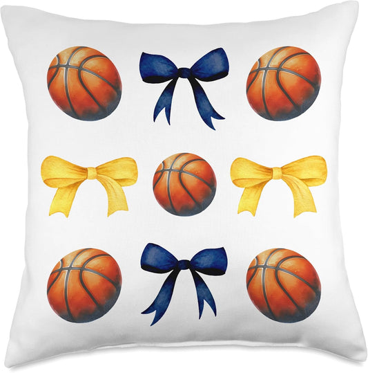 Basketballs & Bows for Girls Basketball Player Blue & Yellow Throw Pillow