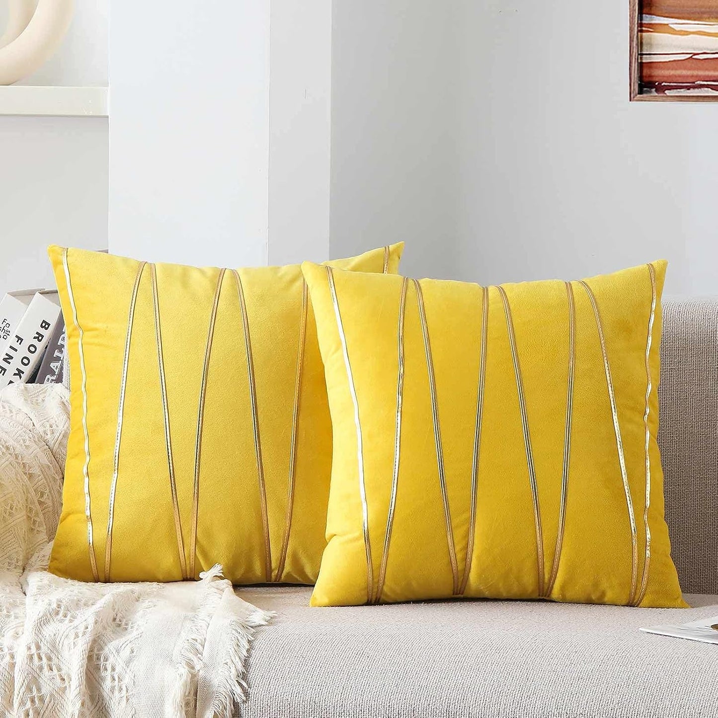 WACOMECO Soft Throw Pillow Covers - Pack of 2 Velvet Decorative Cushion Covers Cases for Sofa Bedroom Livingroom Car, 18" x 18", Yellow and Gold