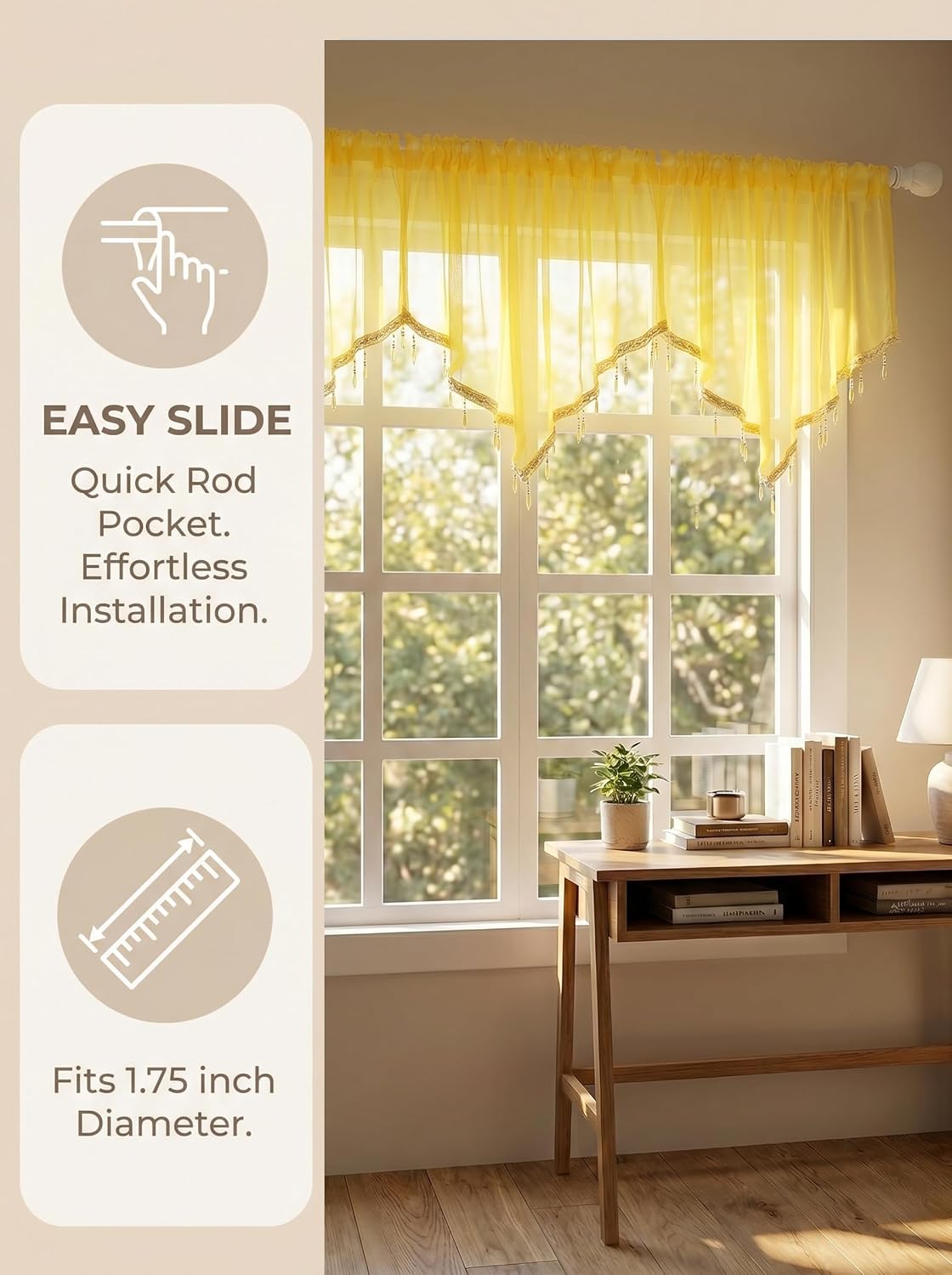 Molaxhome Swag Curtain 51 inch Length Rod Pocket Scalloped Curtain Valance Sheer Lace Panels with Hanging Crystal Beads for Kitchen Bedroom Window Treatments Drape Decor 1pc (Yellow, 51Wx23L)
