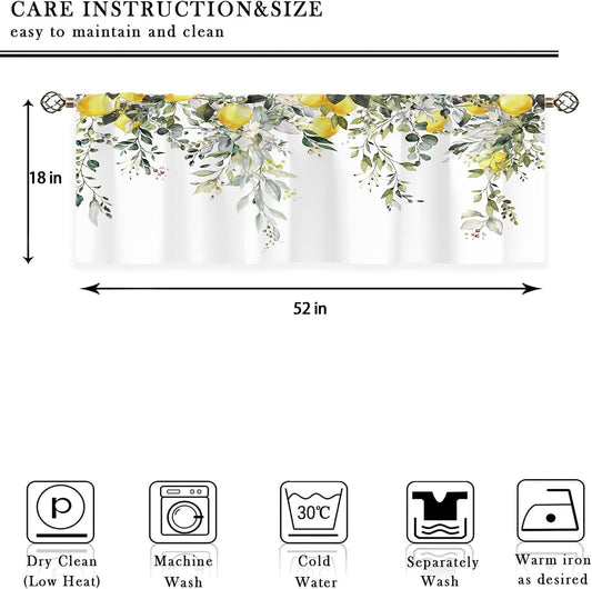 Sage Green Eucalyptus Lemon Botanical Leaves Valances Kitchen Curtains Flower Window Drapes Floral Plants Botanical Wildflower Bedroom Bathroom Living Room Treatment Tier 1 Panel 52Wx18H Inch