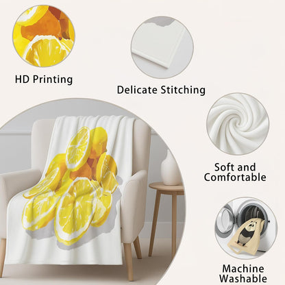 Classic Yellow Fluffy Blanket for Couch Sofa Bed, Oil Painting Lemon Fruit Printed Fleece Warm Throw Blanket, Cozy & Comfy Bedroom Living Room Blankets for All Seasons 90 x 90 Inches