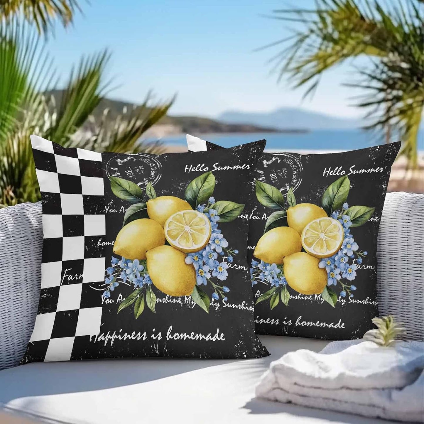 Outdoor Throw Pillow Covers Set of 2 Lemon Blue Flowers Waterproof Decorative Cushion Covers Black White Check Outdoor Pillowcases for Patio Couch Garden Balcony Sofa 16 x 16 Inches