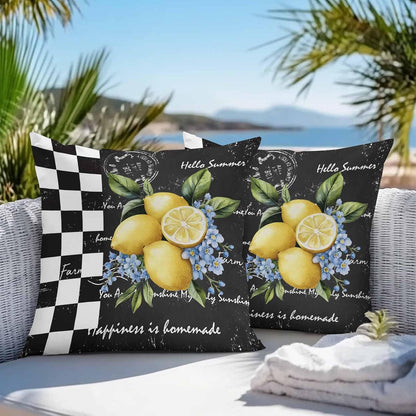 Outdoor Throw Pillow Covers Set of 2 Lemon Blue Flowers Waterproof Decorative Cushion Covers Black White Check Outdoor Pillowcases for Patio Couch Garden Balcony Sofa 16 x 16 Inches