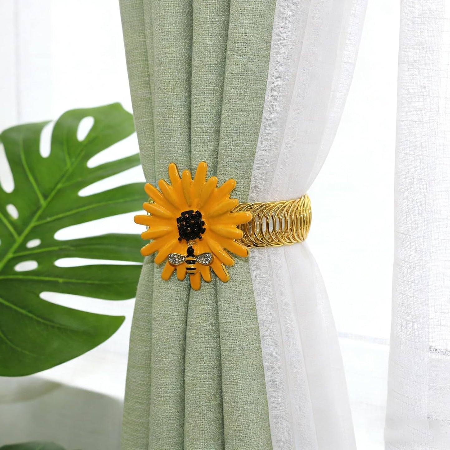Sunflower Curtain Tiebacks 2 Pack Yellow Bee Daisy Curtain Holdbacks,No Drill Curtain Ties & Auto-Closing Spring Wire,Boho Curtain Tie Backs for Farmhouse Kitchen Living Room Bedroom Decor