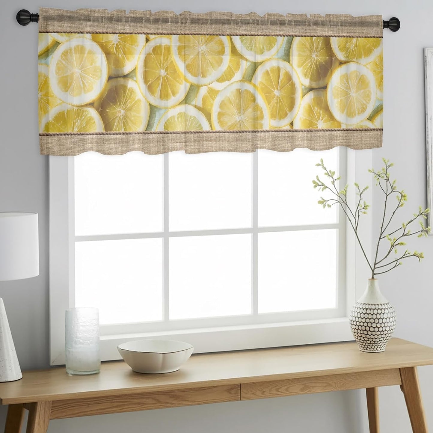 Farmhouse Lemons Sheer Curtains Valances for Windows Summer Country Yellow Fruits on Linen Chiffon Kitchen Valances for Cafe, Voile Window Treatments Curtains for Living Room Bedroom, 54"x18"