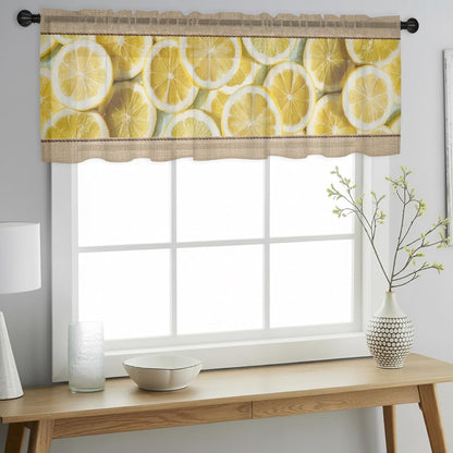 Farmhouse Lemons Sheer Curtains Valances for Windows Summer Country Yellow Fruits on Linen Chiffon Kitchen Valances for Cafe, Voile Window Treatments Curtains for Living Room Bedroom, 54"x18"
