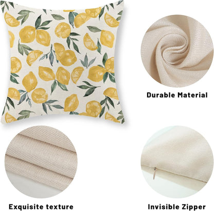 Summer Pillow Covers 18x18 Inch Set of 2 Yellow Lemon Pillow Covers Summer Outdoor Decorative Pillow Cases Linen Farmhouse Yellow Cushion Covers Decor for Couch Living Room Bedroom Sofa