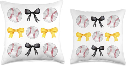 Baseballs Black & Yellow Bows Tee Ball Mom School Pride Gift Throw Pillow