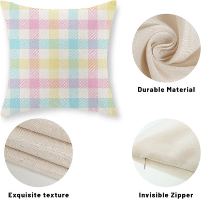 Spring Buffalo Plaid Pillow Covers 18x18 Set of 2 Yellow Blue Pink Checkered Easter Throw Pillows Summer Outdoor Decorative Pillowcase Farmhouse Linen Holiday Decor Cushion Case for Couch Sofa