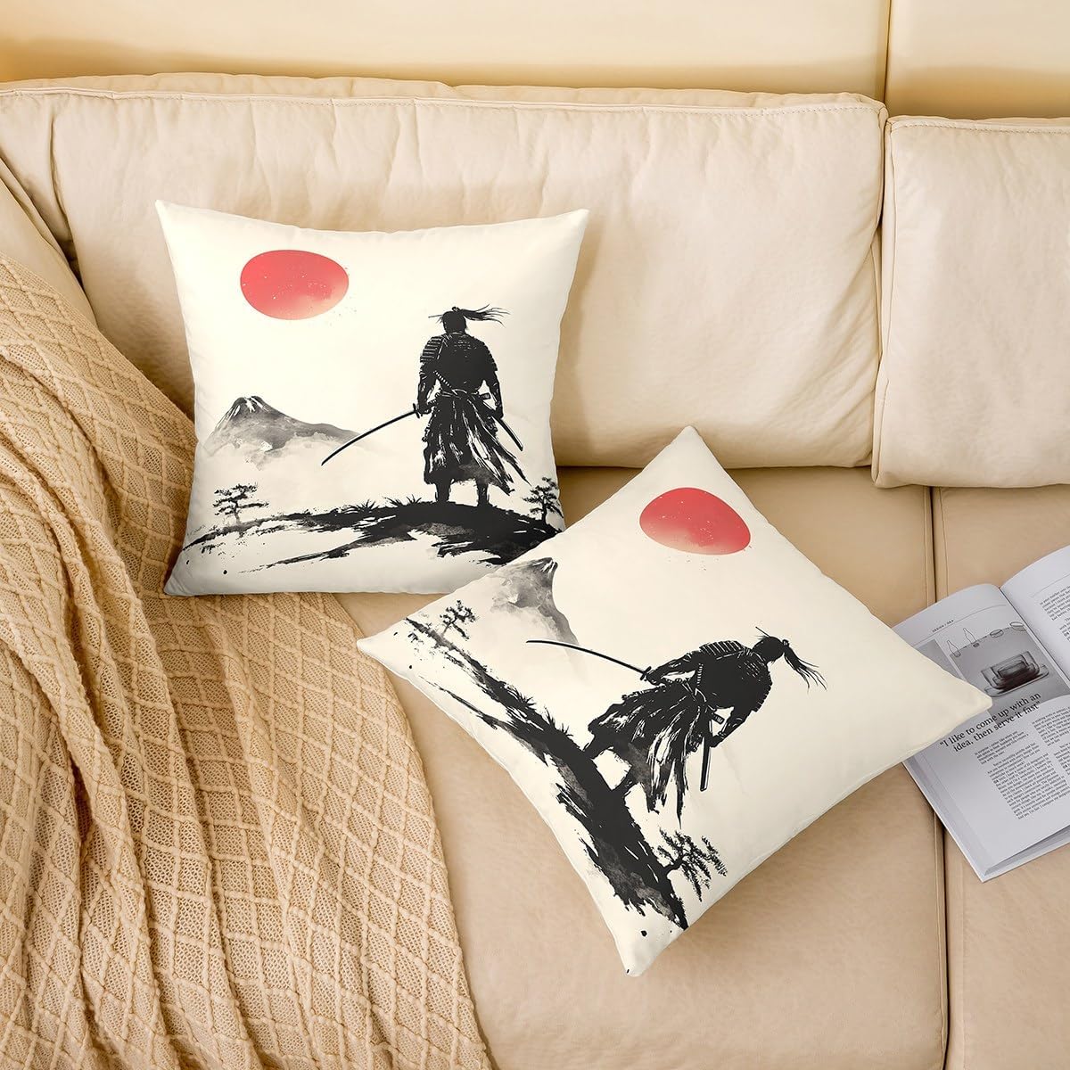 jejeloiu Samurai Throw Pillow Covers 22"x22" 1Pcs Fuji Mountain Pattern Cushion Cover for Sofa Sunset Nature Pattern Decorative Pillow Case Pillowcase Japanese-Style Outdoor Pillows Covers