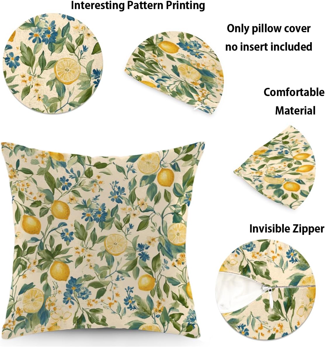 Throw Pillow Covers Summer Flowers Lemons Pillow Cases Square Cushion Cover for Sofa Couch Bedroom Living Room 16x16 Inch