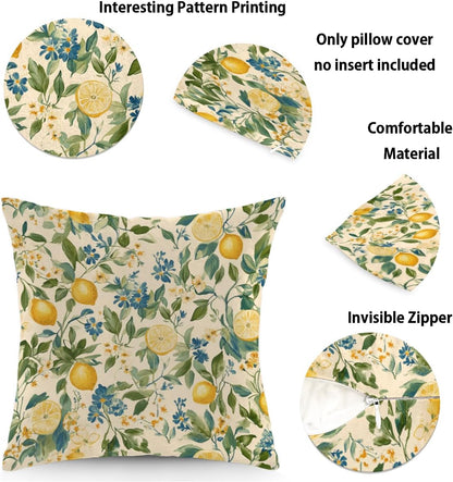 Throw Pillow Covers Summer Flowers Lemons Pillow Cases Square Cushion Cover for Sofa Couch Bedroom Living Room 16x16 Inch