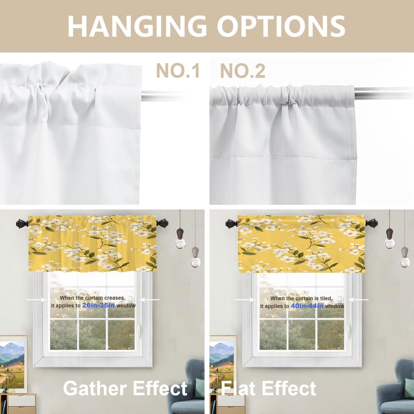 White Flowers On Yellow Blackout Kitchen Curtain, Floral with White Blooms Window Treatment Rod Pocket Light Filtering Bathroom Short Valance 2 Pack 52X18 Inches