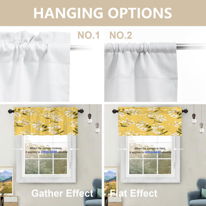 White Flowers On Yellow Blackout Kitchen Curtain, Floral with White Blooms Window Treatment Rod Pocket Light Filtering Bathroom Short Valance 2 Pack 52X18 Inches