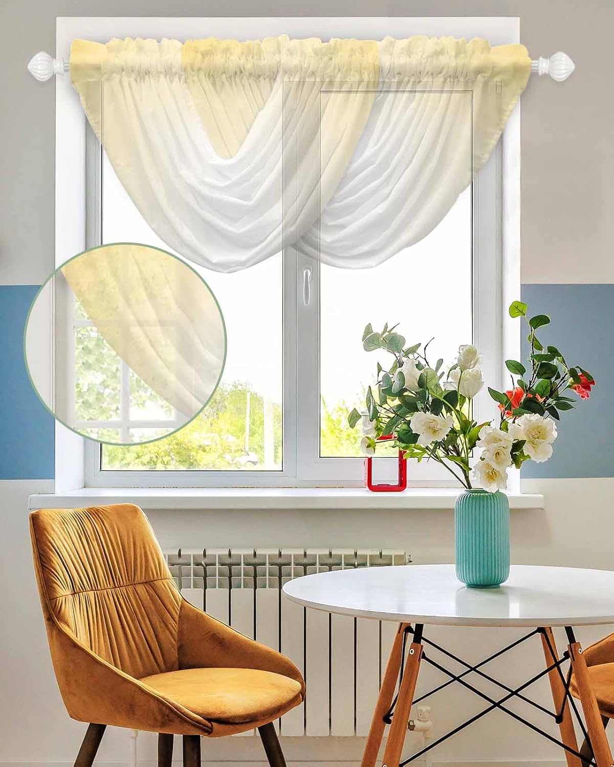 Lemon Yellow White Ombre Waterfall Valance for Windows/Living Room/Bedroom, Modern Abstract Gradient Color Art Sheer Swag Valances Rod Pocket Curtains Kitchen Bathroom Window Treatment 1 Panel