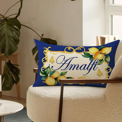 Italy Capri Blue Lemon Lumbar Decorative Throw Pillow Cover 12 x 20, Rectangular Italian Amalfi Coast Citrus Porch Outdoor Home Decor, Summer Mediterranean Sofa Couch Cushion Case