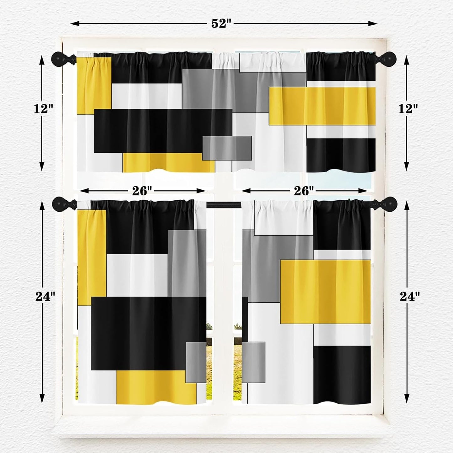 Yellow Kitchen Window Curtains Valance and Tier Set, Black Grey White Modern Rod Pocket Short Tier Curtain, Abstract Art Small Cafe Drapes for Kitchen Decor 52" x 24"