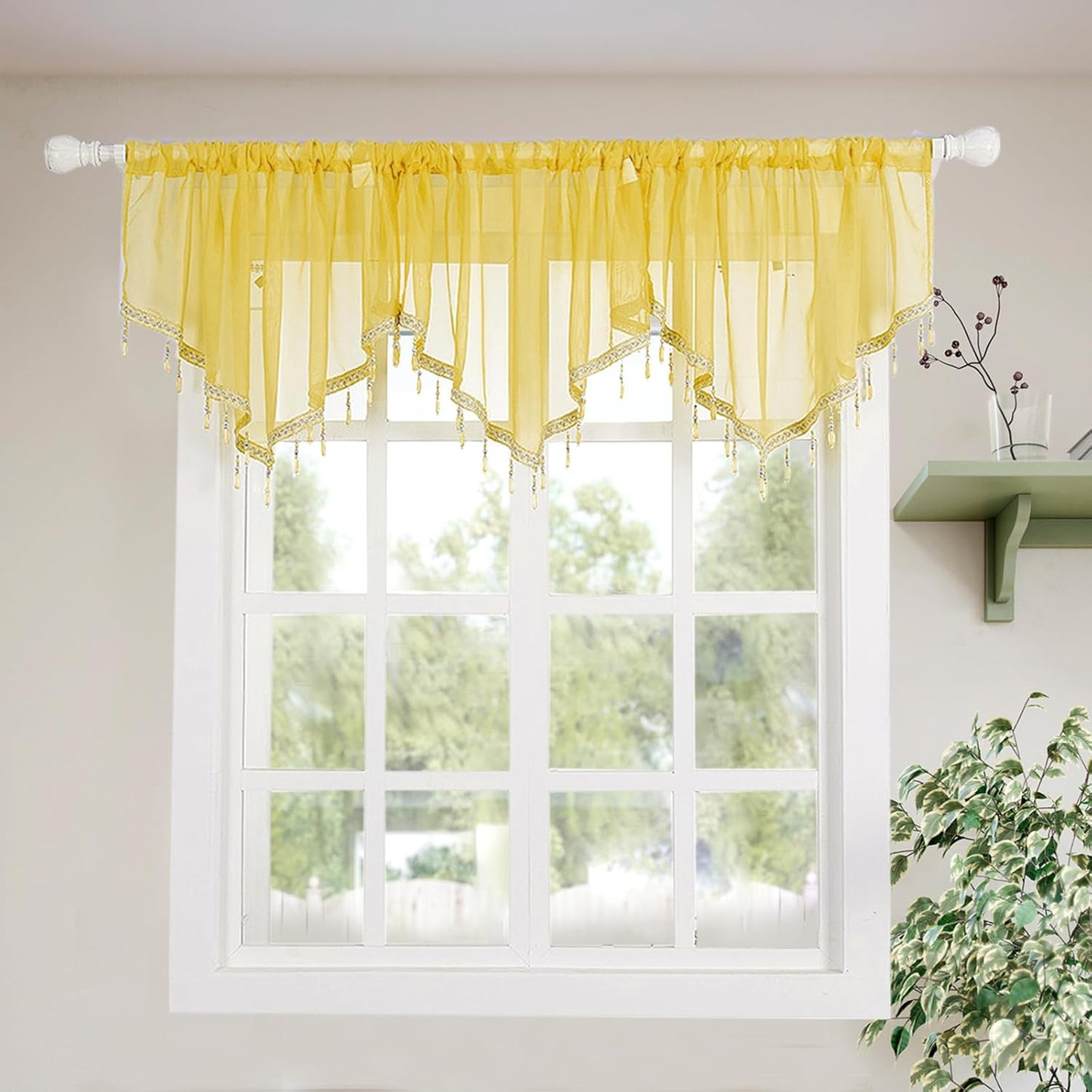 Molaxhome Swag Curtain 51 inch Length Rod Pocket Scalloped Curtain Valance Sheer Lace Panels with Hanging Crystal Beads for Kitchen Bedroom Window Treatments Drape Decor 1pc (Yellow, 51Wx23L)