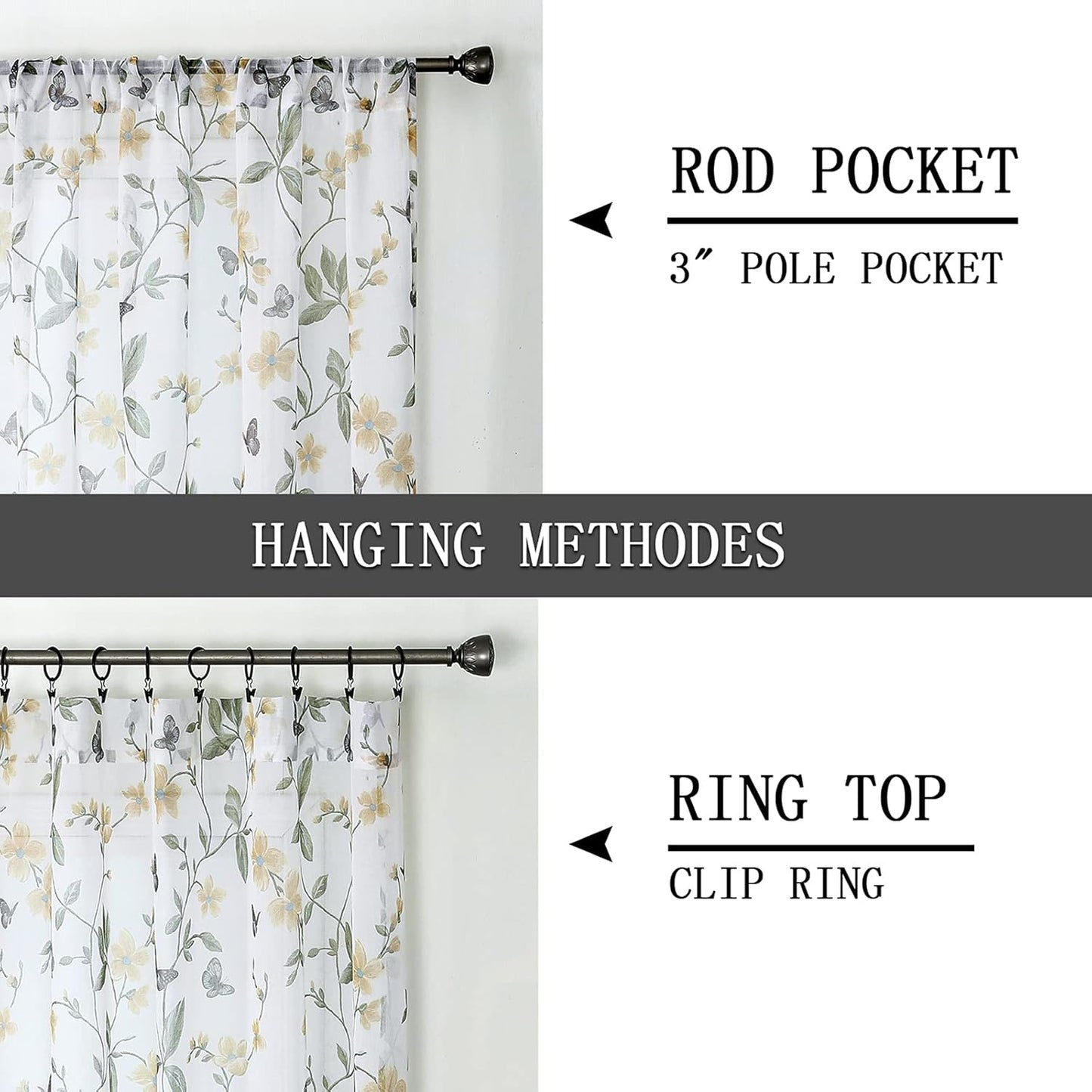 Tollpiz Sheer Floral Curtains Yellow Flower Butterfly Printed Bedroom Curtain Rod Pocket Voile Faux Linen Short Window Curtains for Living Room, 54 x 45 inches Long, Set of 2 Panels