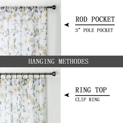 Tollpiz Sheer Floral Curtain Valance Yellow Flower Butterfly Printed Bedroom Curtain Valances Rod Pocket Voile Faux Linen Window Valance Curtains for Living Room, 54 x 16 inches Long, Set of 1 Panel