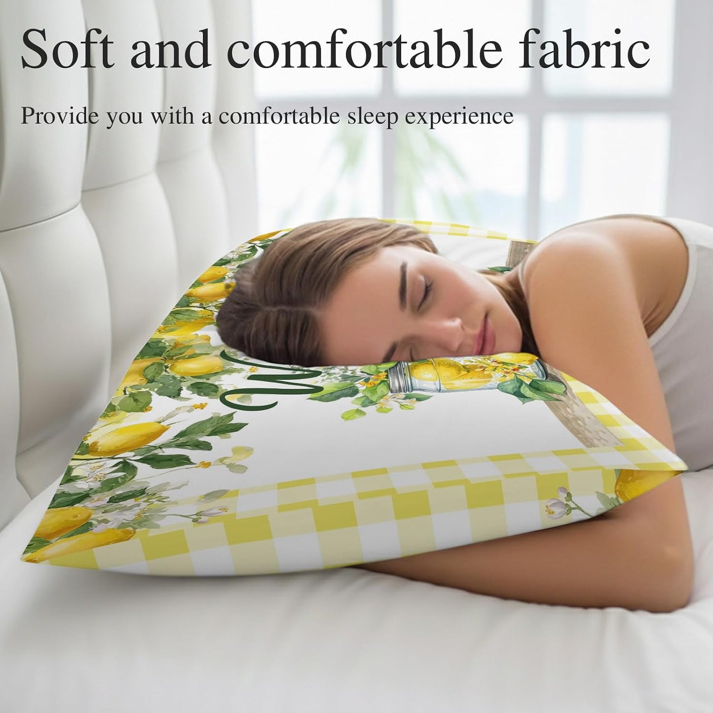 Welcome Words Farm Lemons Throw Pillow Cover,Decorative Pillowcase with Hidden Zipper Yellow Check Breathable Lumbar Pillow Cushion Case for Couch Sofa Bed Home,12"x20"