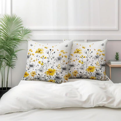 Spring Summer Flowers Pillow Throw Covers 18x18 Inch Yellow Gray Floral Pillow Covers Seasonal Decorative Pillowcases Cushion Case for Home Sofa Couch Bed Set of 2