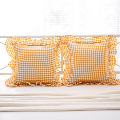 Mywinlle Yellow/White Plaid Ruffle Pillow Shams Throw Pillow Covers 20"x20", Checkered Washed Cotton Mustard Gingham Decorative Pillow Covers Shabby Pillowcases