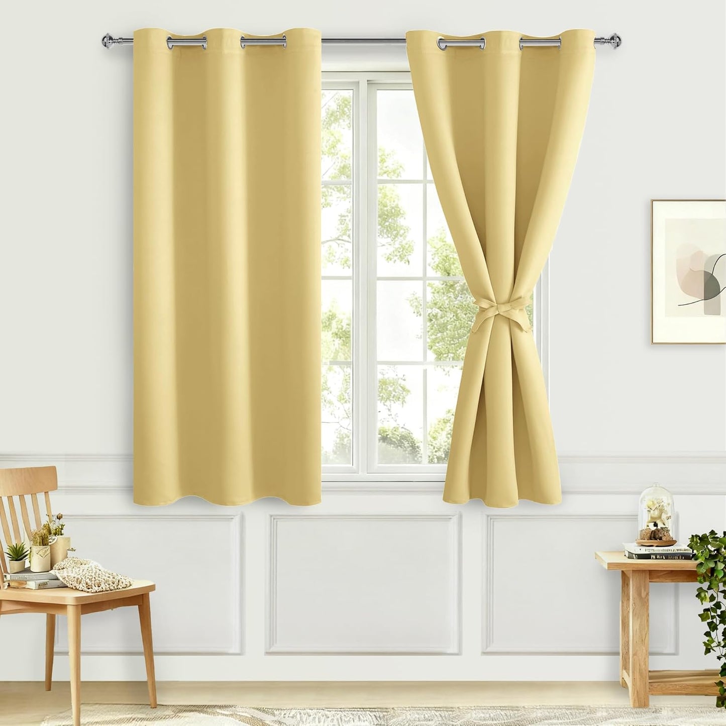 Hiasan Blackout Curtains for Bedroom - Thermal Insulated & Energy Saving Window Curtains for Living Room, 2 Drape Panels Sewn with Tiebacks, Light Yellow, 42 x 54 Inch
