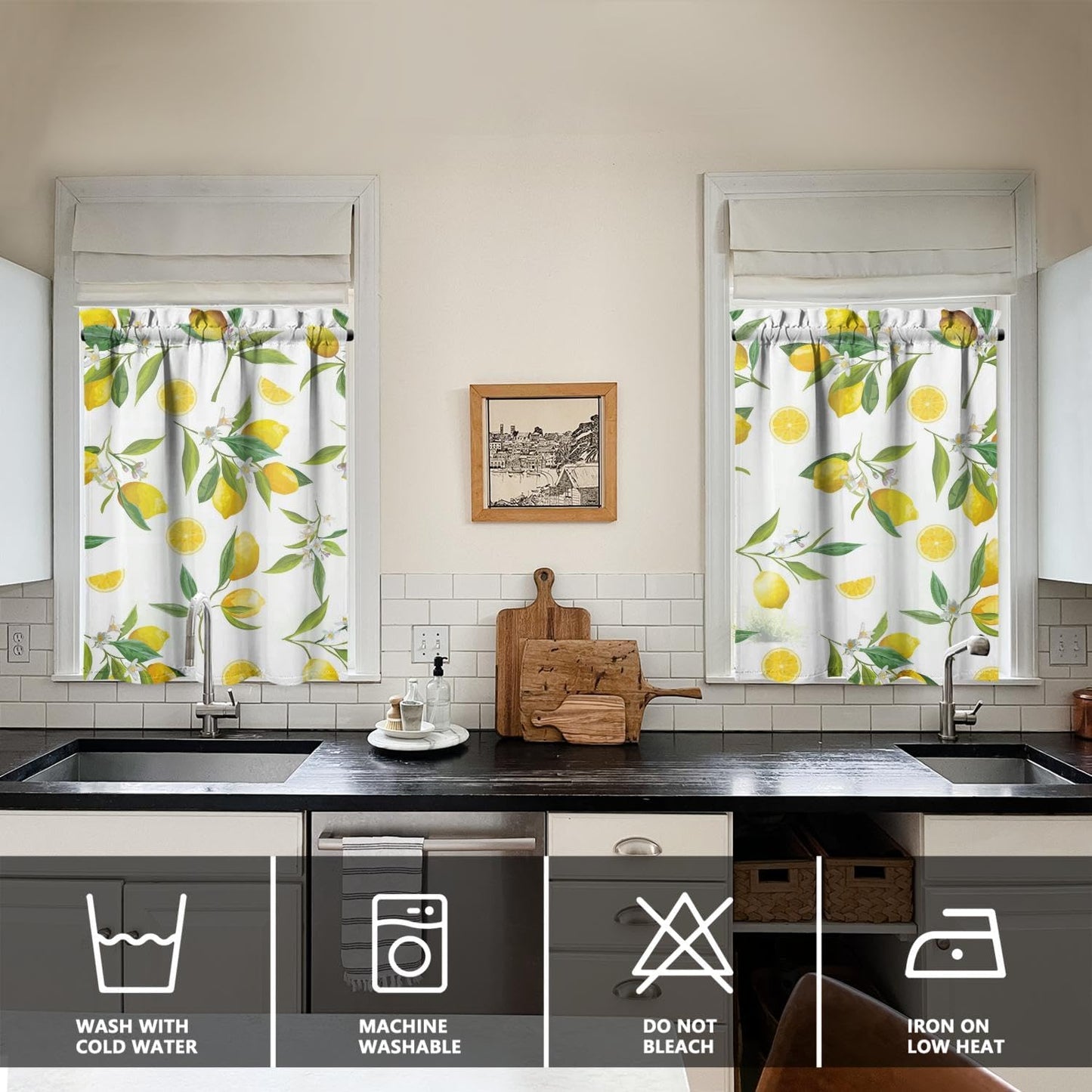 Lemon Curtains, Farmhouse Kitchen Sink Window Valance 3 Piece Set, Living Room Decor 54x36 Inches
