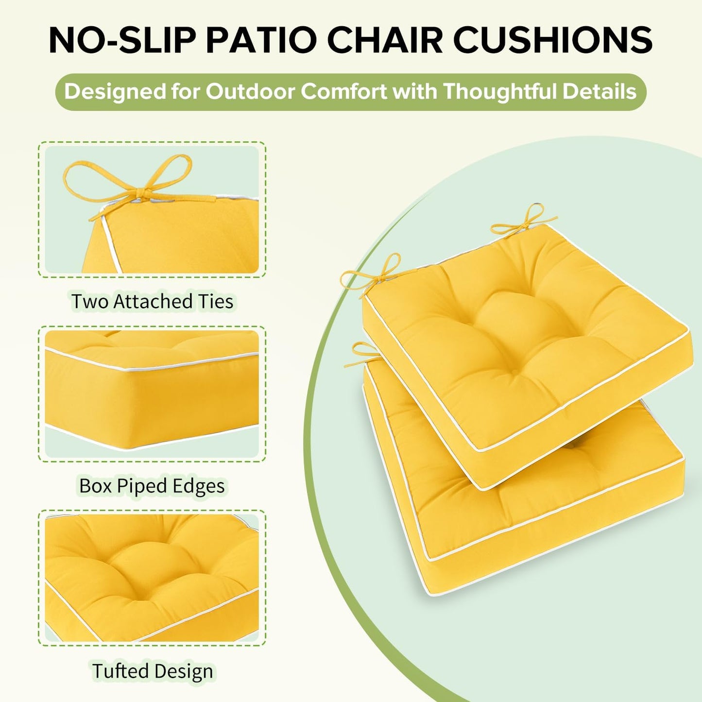 HARBOREST Outdoor Chair Cushions Set of 2, Tufted Patio Chair Cushions with Ties, Square Corner Outdoor Cushions for Patio Furniture, Lawn Chairs, Wicker Chairs, 17" x 17" x 5", Yellow