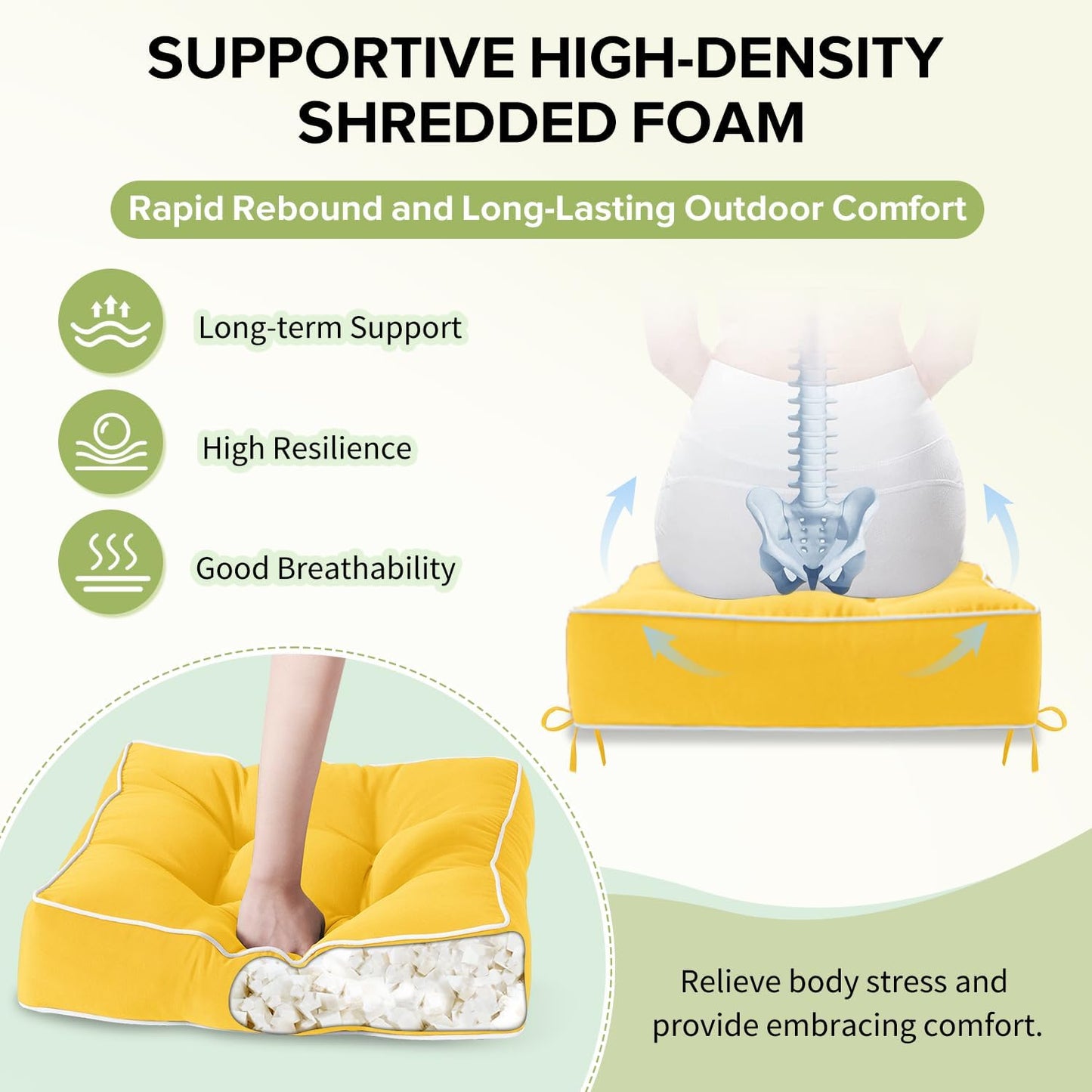 HARBOREST Outdoor Chair Cushions Set of 2, Tufted Patio Chair Cushions with Ties, Square Corner Outdoor Cushions for Patio Furniture, Lawn Chairs, Wicker Chairs, 17" x 17" x 5", Yellow