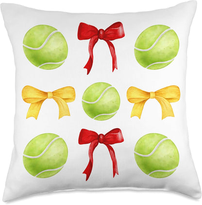 Girls Tennis Player Tennis Team Red & Yellow Gold Bow Balls Throw Pillow