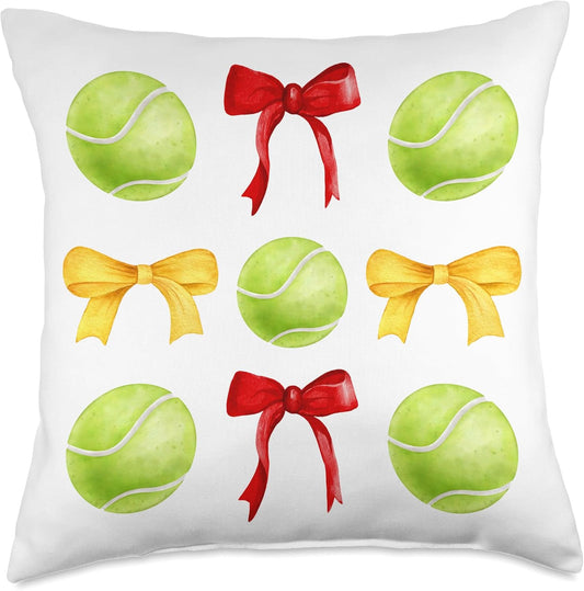Girls Tennis Player Tennis Team Red & Yellow Gold Bow Balls Throw Pillow