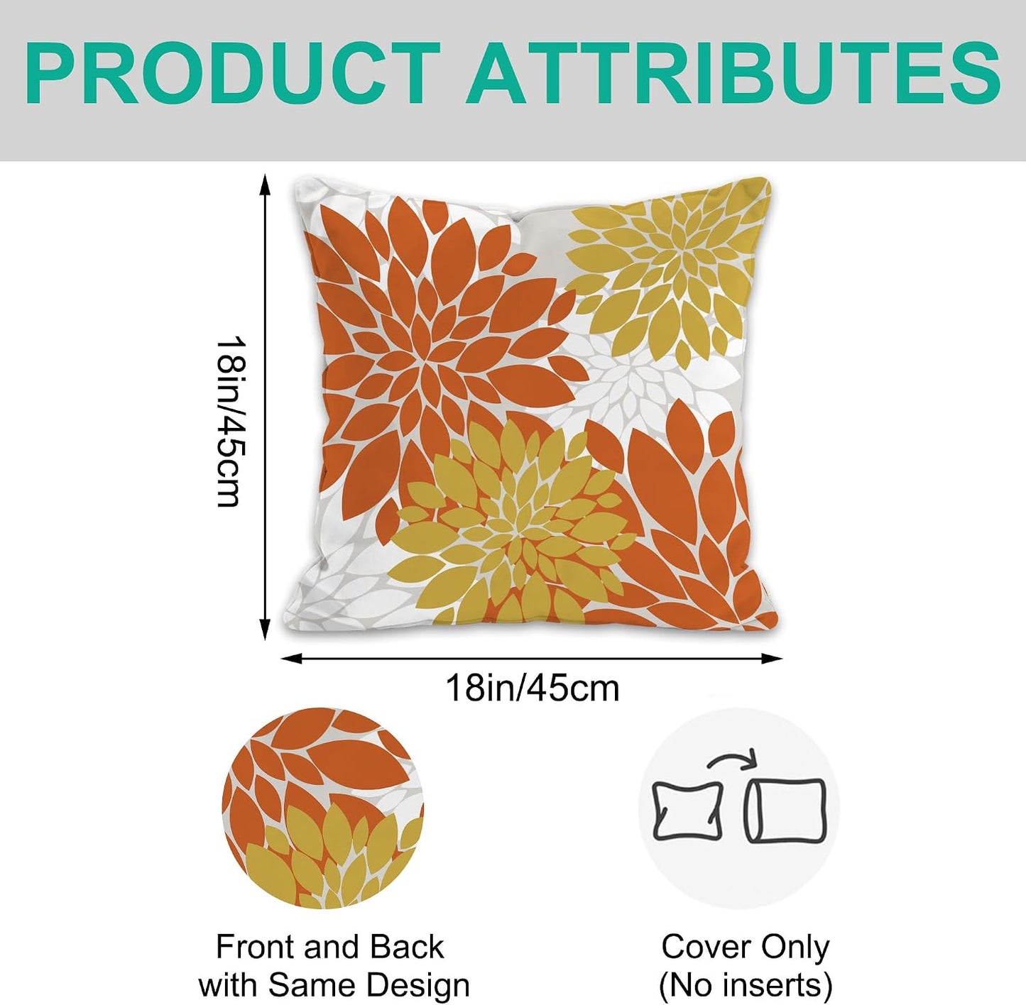 Floral Throw Pillow Covers Bohemian Dahlia Flowers Geometry Graph Modern Soft Cozy Decor Bed Living Room Sofa Rustic Farmhouse Pillow Case Set of 2 Orange Yellow White,18x18 Inch