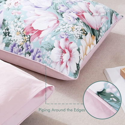 WINLIFE 100% Cotton Pillowcases Garden Floral Printed Pillow Cases Set of 2 Aqua Yellow Lavender Purple Flowers Print Pillow Cover (Standard 20 x 26'', Purple Fowers)