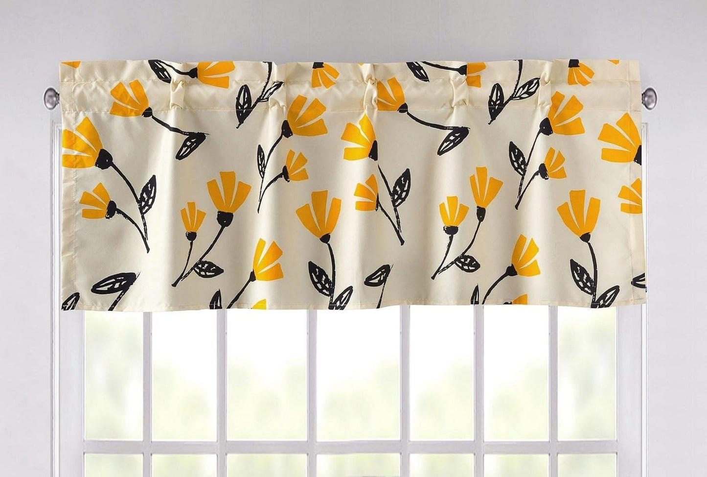 DaDa Bedding Botanical Yellow Fleur Floral Window Curtain - Semi Sheer Valance Spring Country Farmhouse Pale Ivory Background - Golden Orange Straight Tailored Edge Kitchen Decor - 18" x 52"