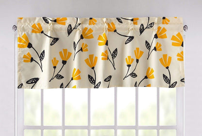 DaDa Bedding Botanical Yellow Fleur Floral Window Curtain - Semi Sheer Valance Spring Country Farmhouse Pale Ivory Background - Golden Orange Straight Tailored Edge Kitchen Decor - 18" x 52"