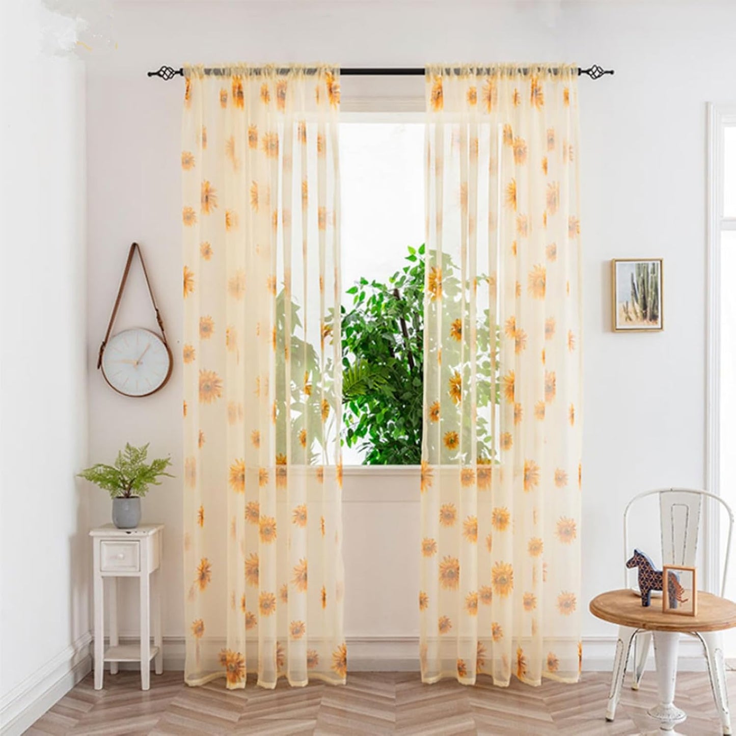 Sheer Curtains, 2PCS Sun Flower Floral Voile Sheer Curtain Soft Light Weight Window Panel 39x78in Sunflower Window Panel for Bedroom Living Room Kitchen Decor(Yellow)